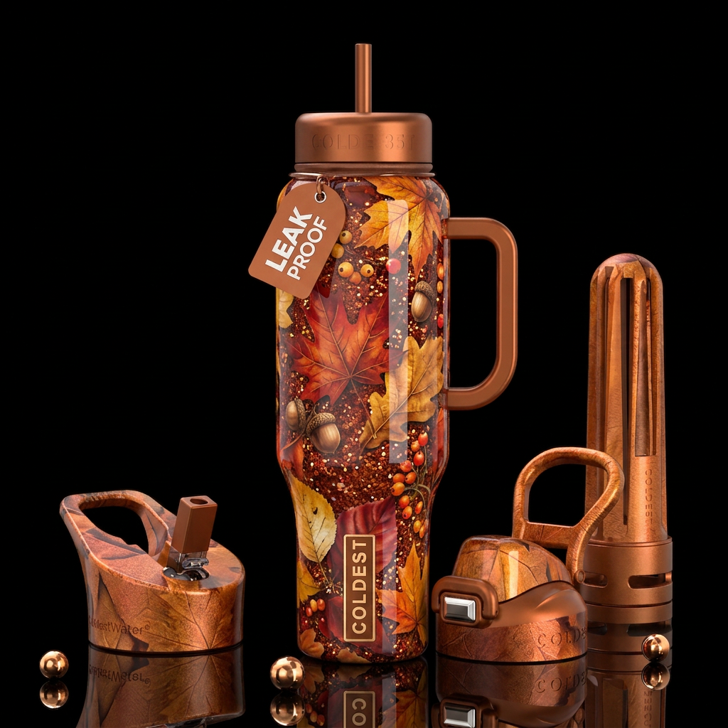 The prettiest autumn themed bottle, glossy, trompe... water bottle design