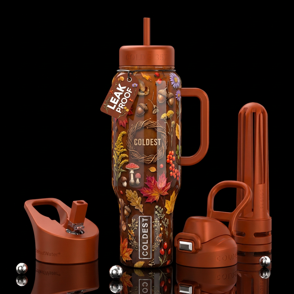 The prettiest autumn themed bottle, glossy, trompe... water bottle design