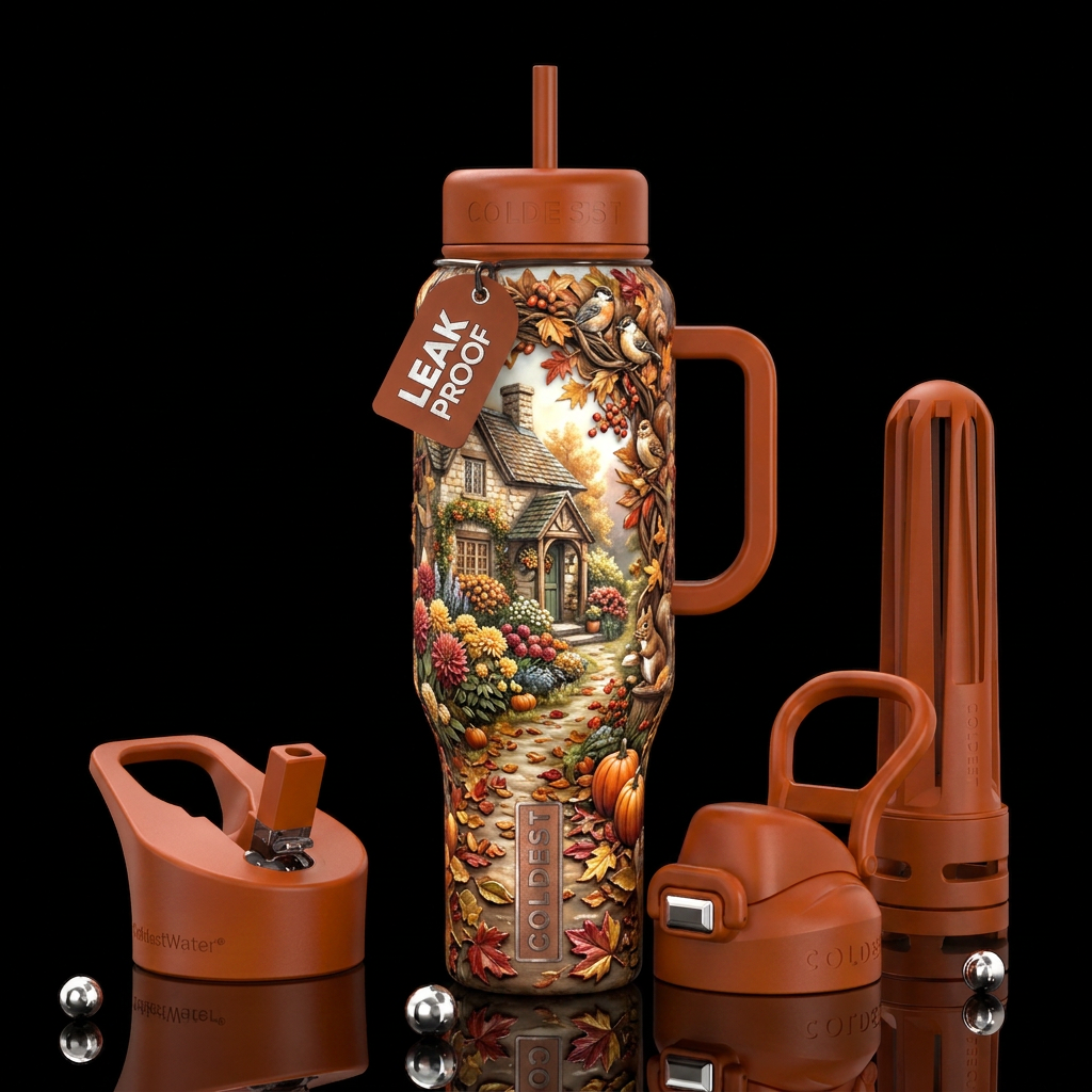 The magic of autumn, glossy, trompe-l'œil, beautif... water bottle design