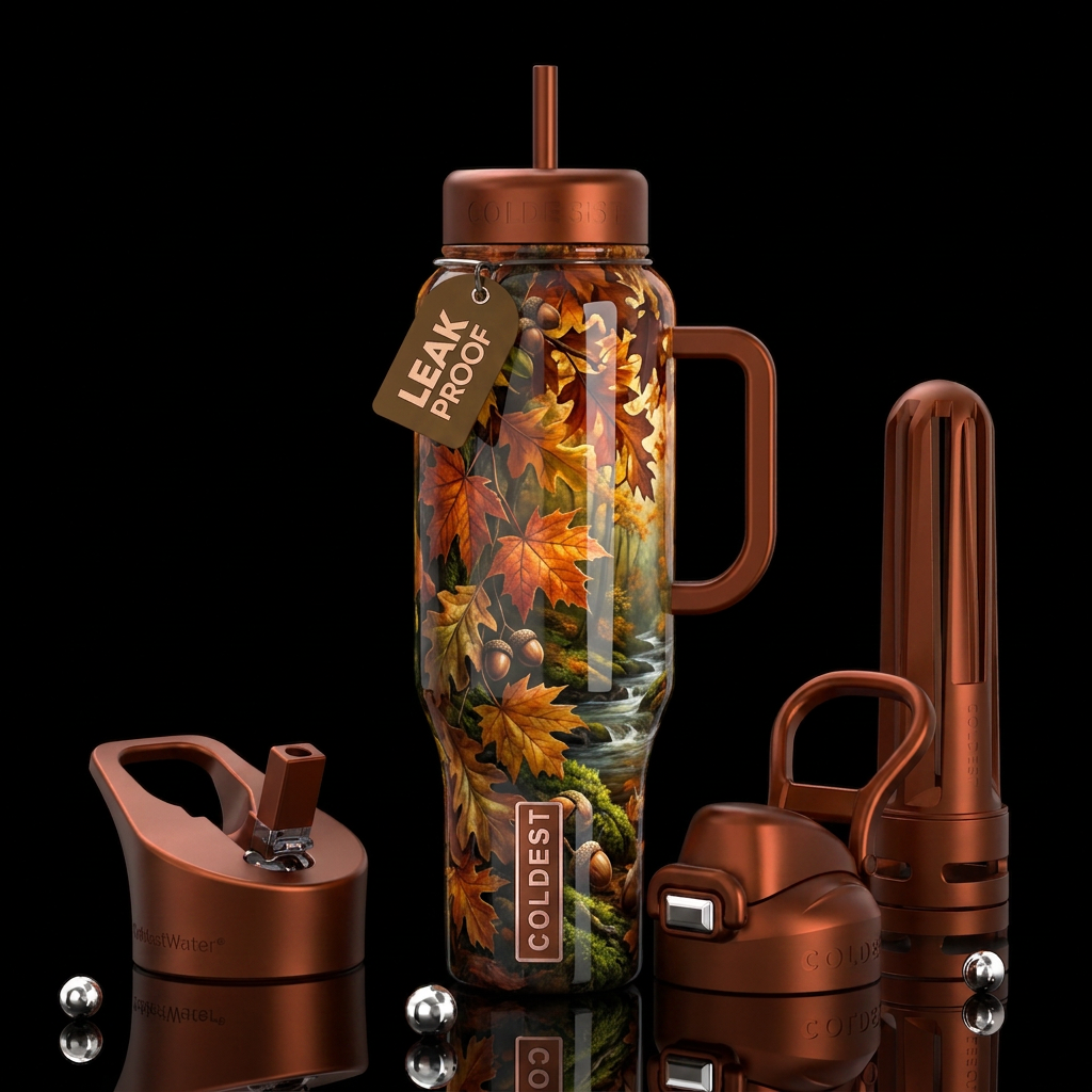 The magic of autumn, glossy, trompe-l'œil, beautif... water bottle design