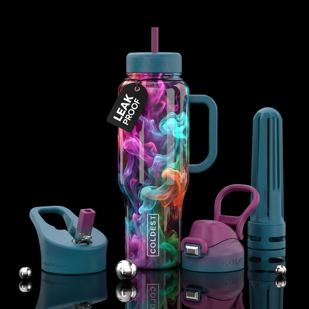 Vapor,glossy, trompe-l'œil, beautiferous water bottle design