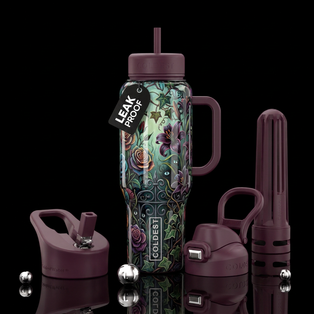 Haunted garden, glossy, trompe-l'œil, beautiferous water bottle design