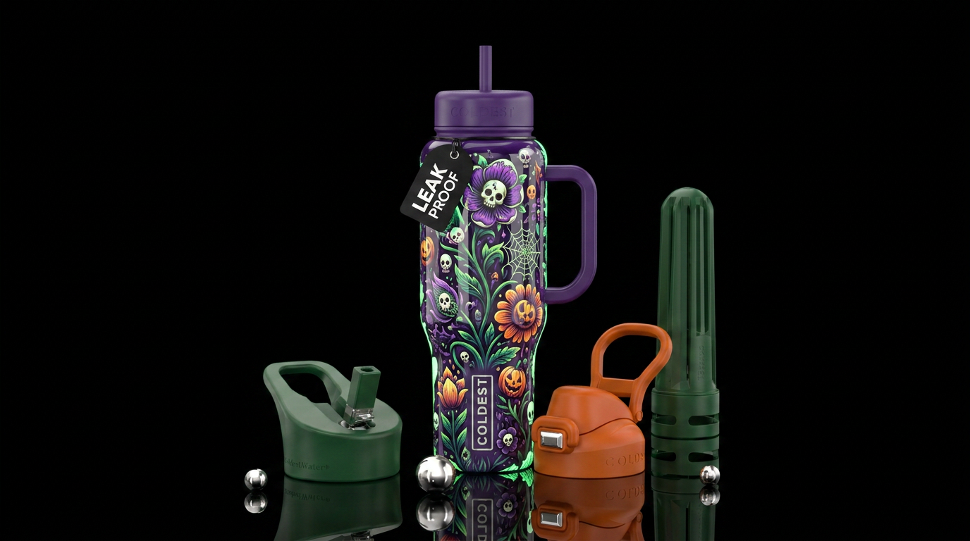 Haunted Halloween garden flowers, glossy, trompe-l... water bottle design