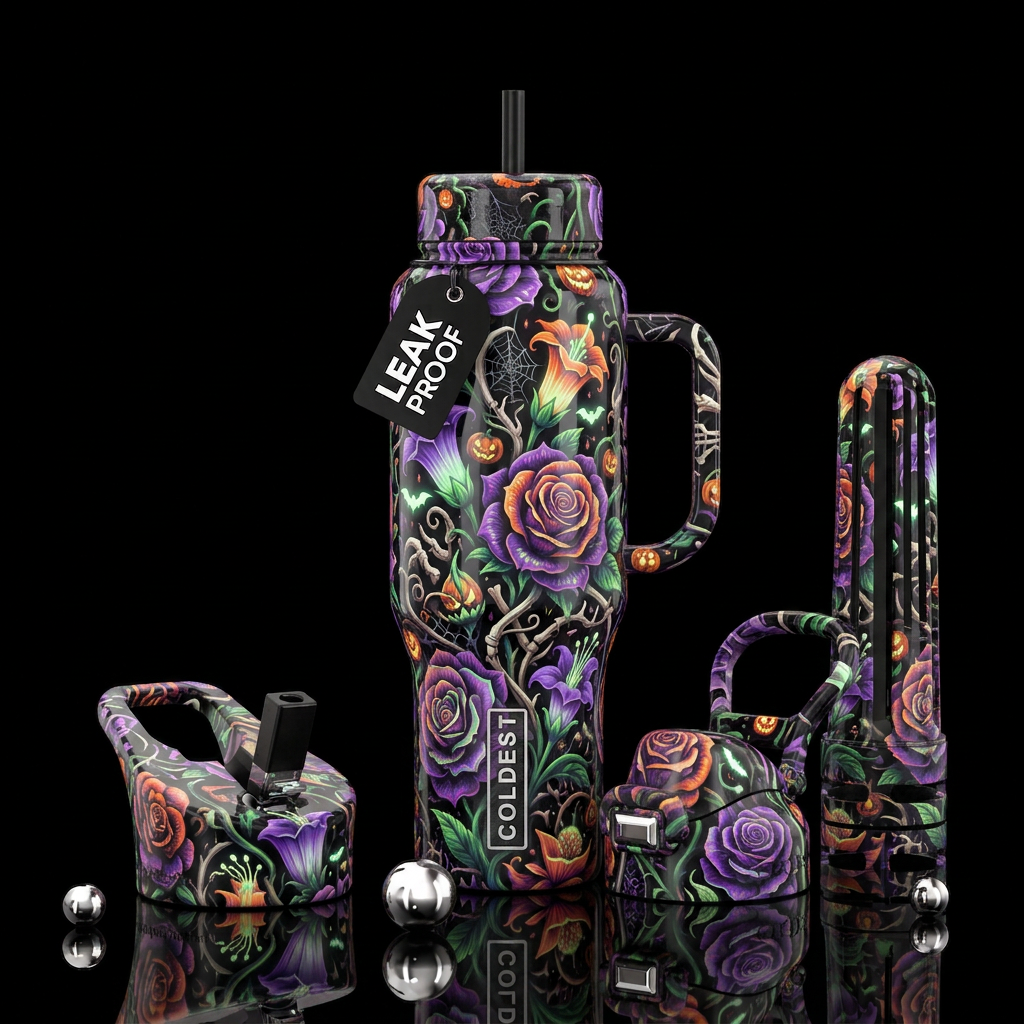 Haunted Halloween garden flowers, glossy, trompe-l... water bottle design