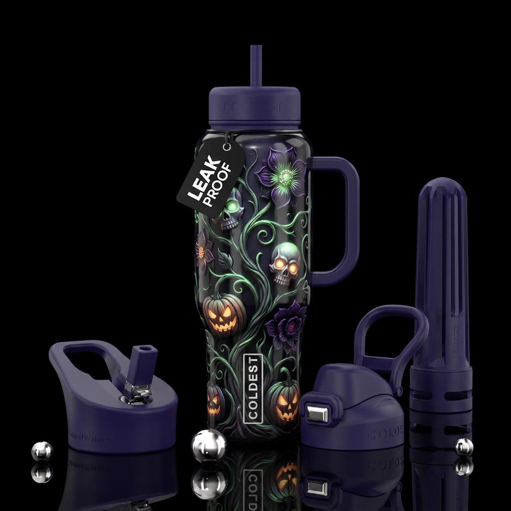 Haunted Halloween garden flowers, glossy, trompe-l... water bottle design