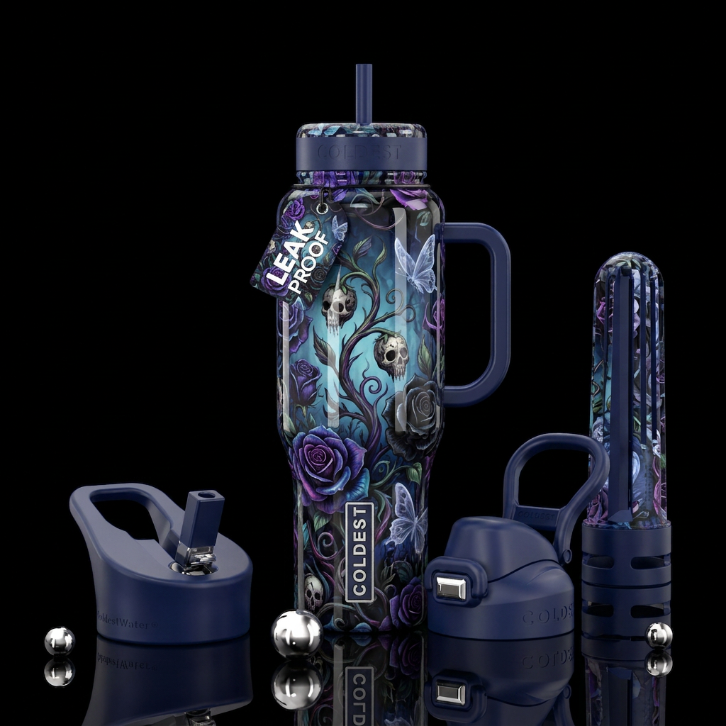 Haunted blooms,glossy, trompe-l'œil, beautiferous water bottle design