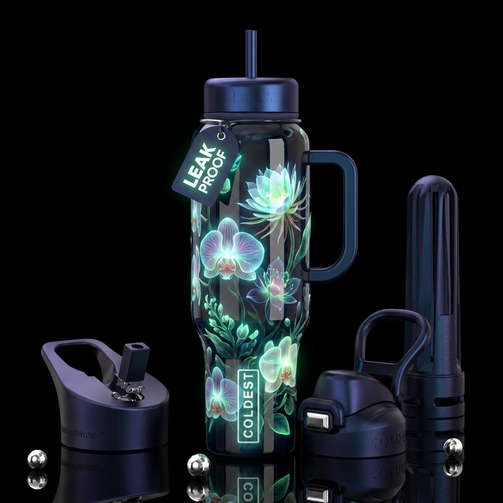 Haunted blooms,glossy, trompe-l'œil, beautiferous,... water bottle design