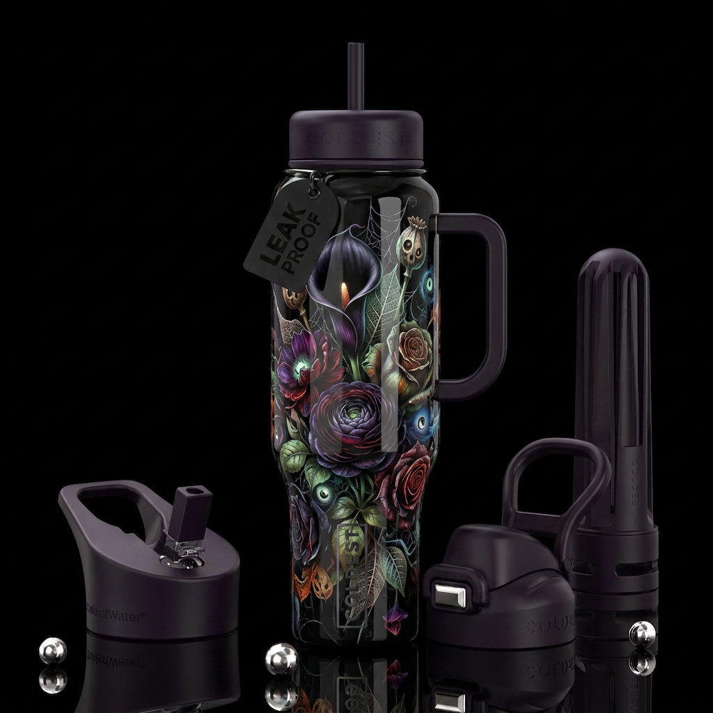 Haunted Halloween blooms,glossy, trompe-l'œil, bea... water bottle design