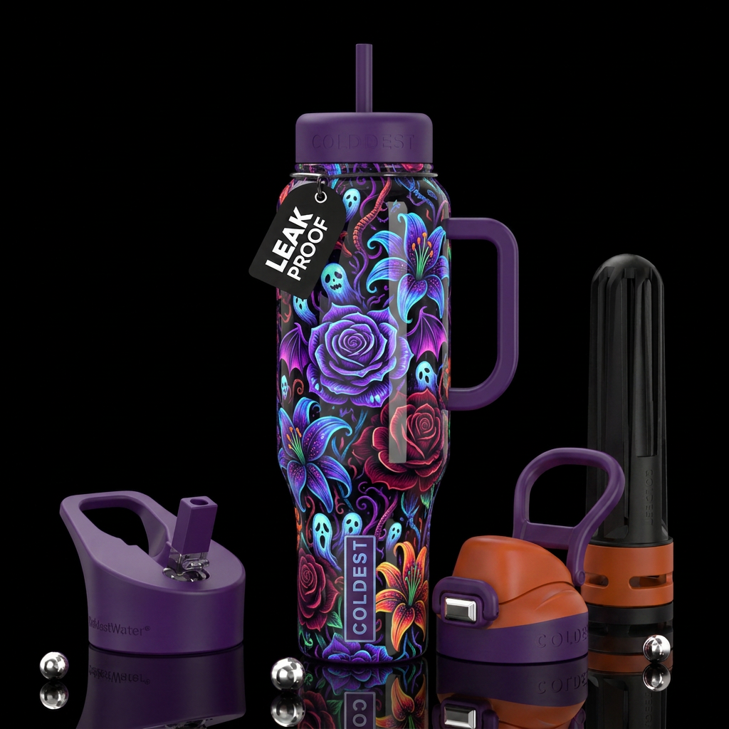 Haunted Halloween blooms,glossy, trompe-l'œil, bea... water bottle design