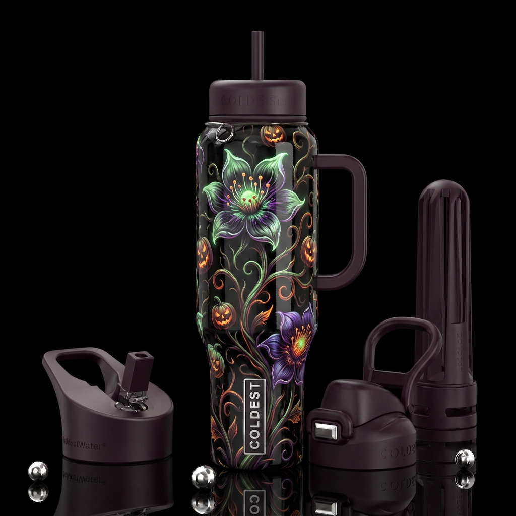 Haunted Halloween blooms,glossy, trompe-l'œil, bea... water bottle design