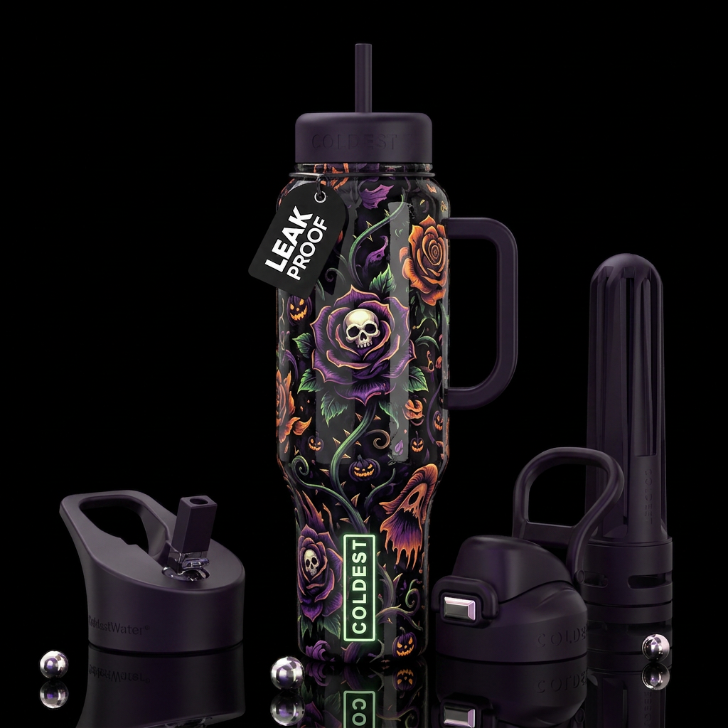 Haunted Halloween blooms,glossy, trompe-l'œil, bea... water bottle design