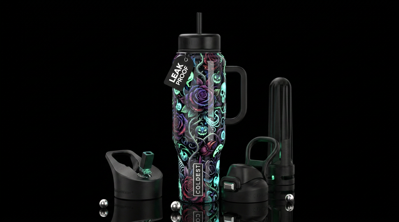 Haunted Halloween blooms,glossy, trompe-l'œil, bea... water bottle design
