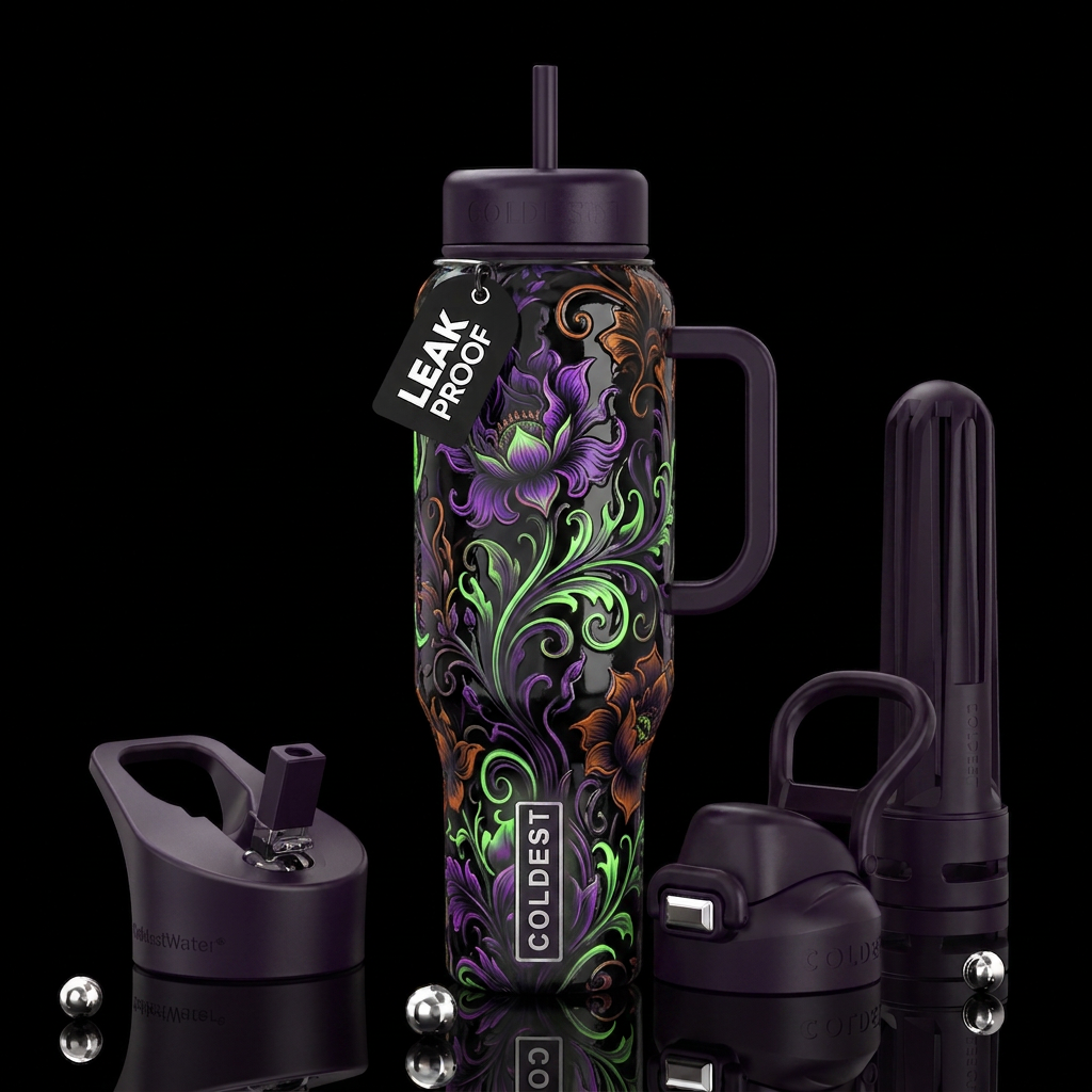 Haunted Halloween blooms,glossy, trompe-l'œil, bea... water bottle design