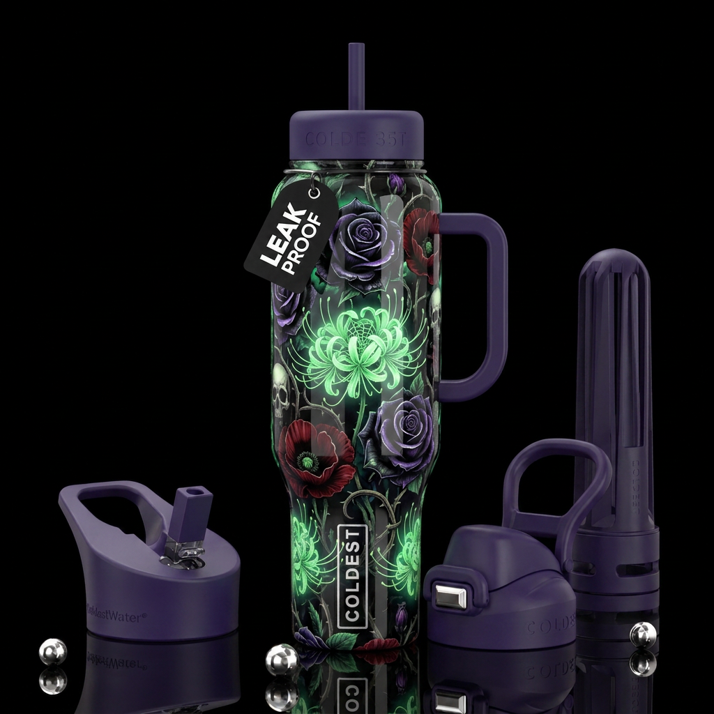 Haunted Halloween blooms,glossy, trompe-l'œil, bea... water bottle design