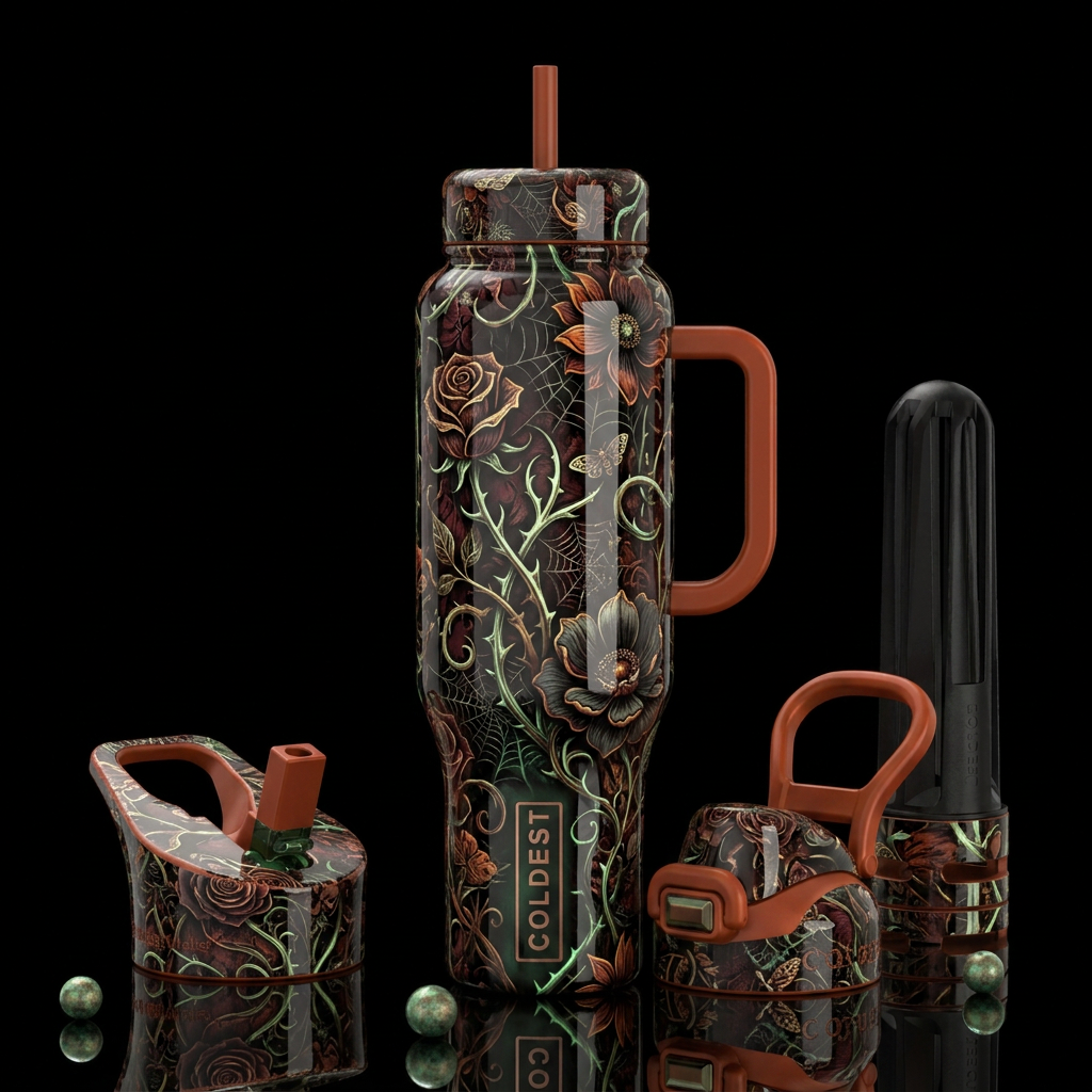 Haunted Halloween blooms,glossy, trompe-l'œil, bea... water bottle design