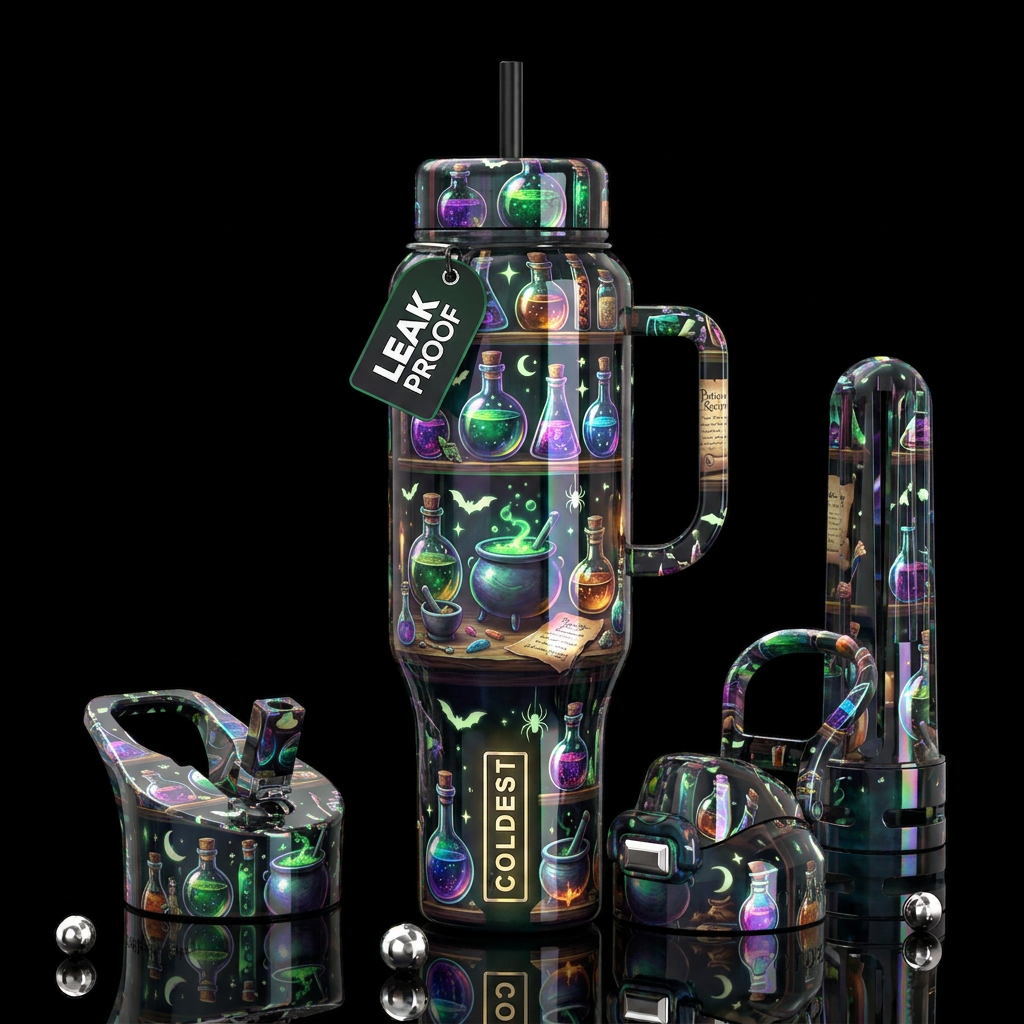 Halloween theme, iridescent potions, glossy, tromp... water bottle design
