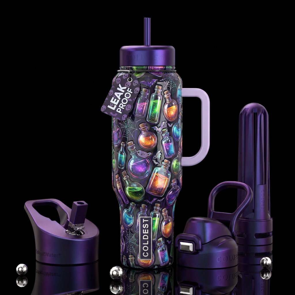Halloween theme, iridescent potions, glossy, tromp... water bottle design