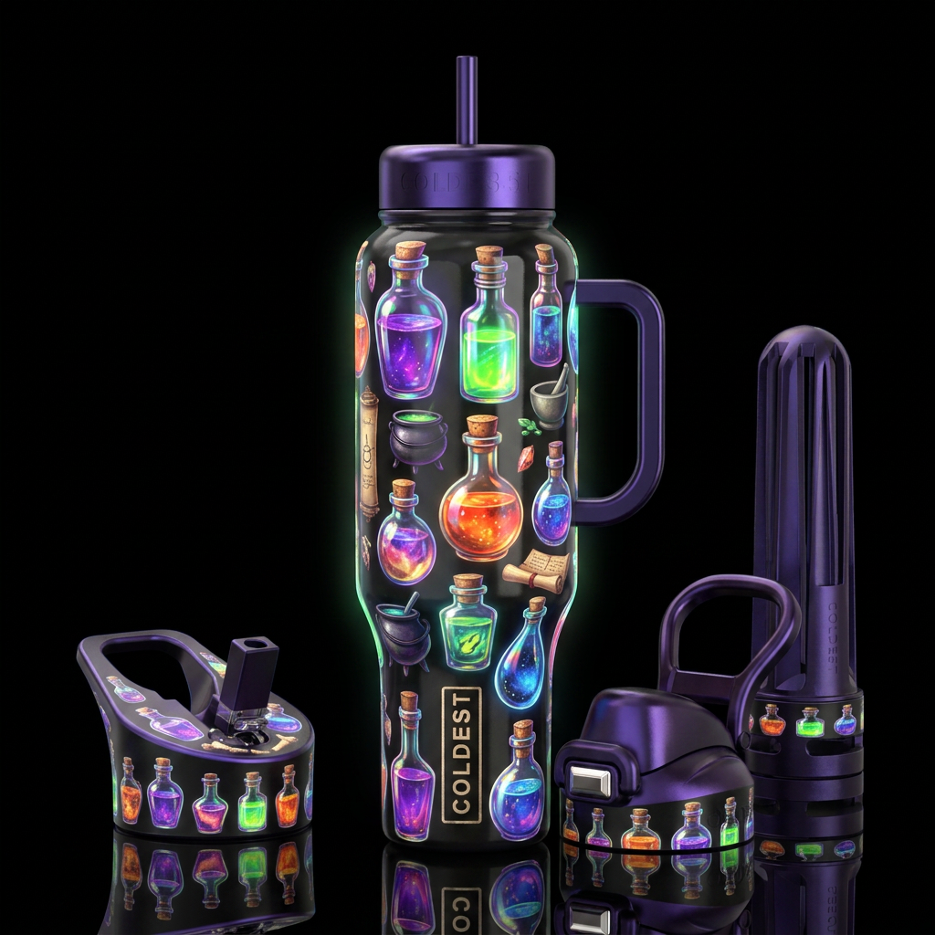 Halloween theme, iridescent potions, glossy, tromp... water bottle design