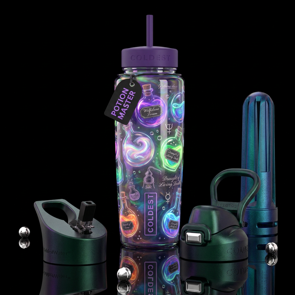Halloween theme, iridescent potions, glossy, tromp... water bottle design