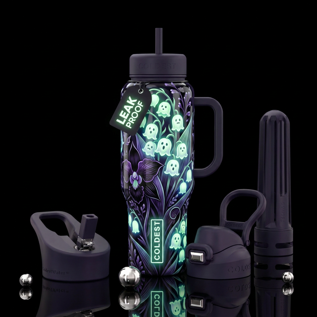 Lilly of the valley ghostie blooms, bat orchids, g... water bottle design