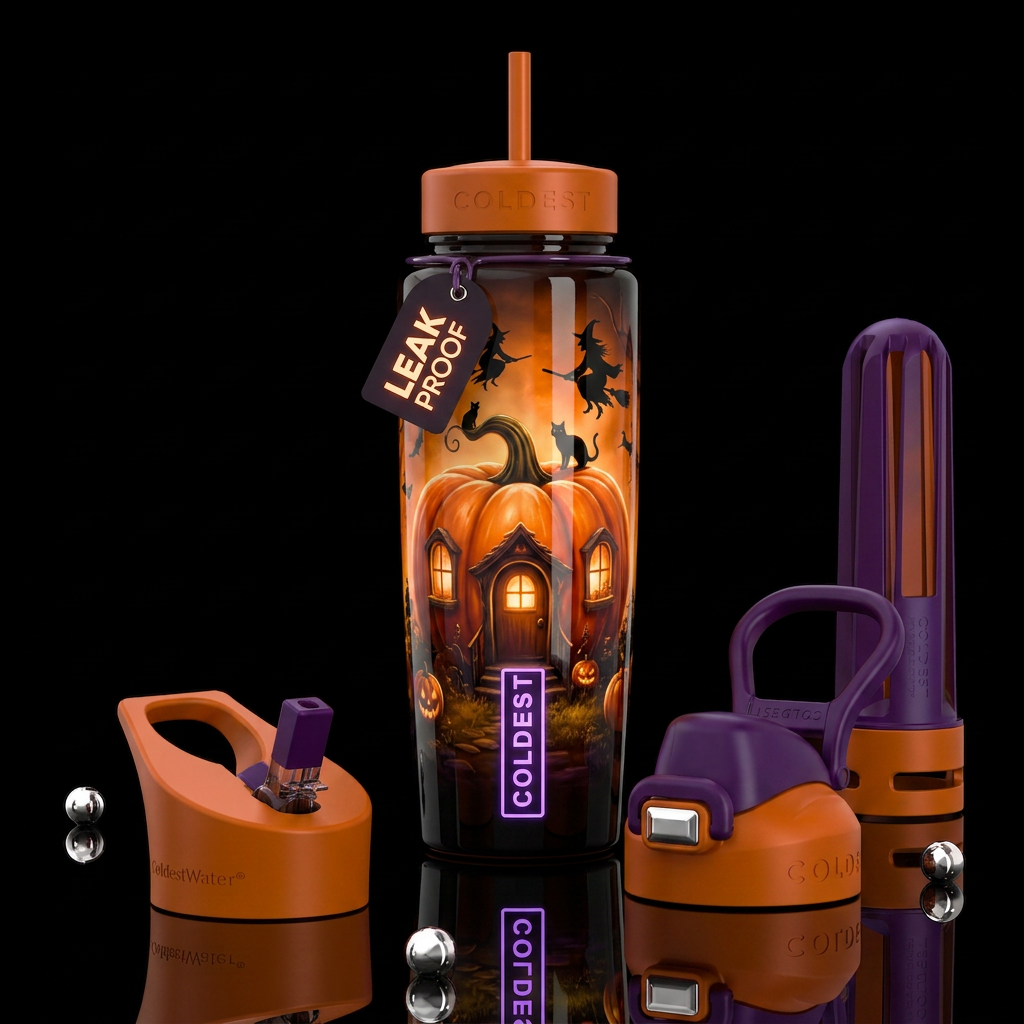 Pumpkin house,glossy, trompe-l'œil, beautiferous, ... water bottle design
