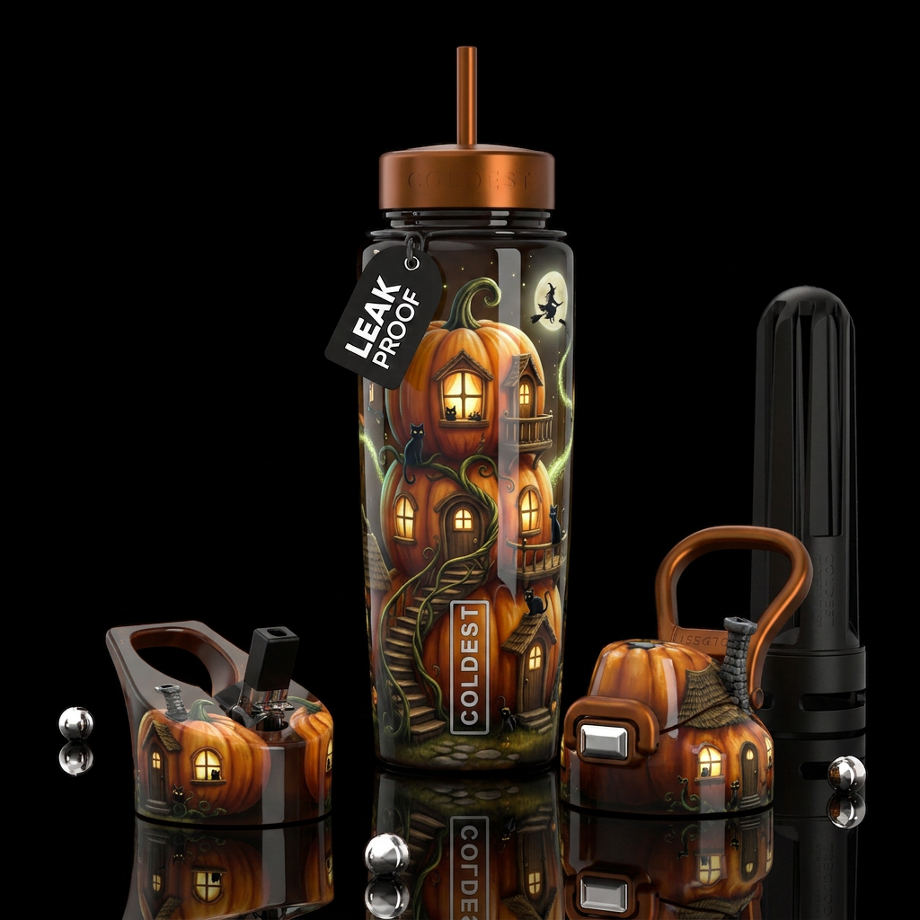 Pumpkin house,glossy, trompe-l'œil, beautiferous, ... water bottle design