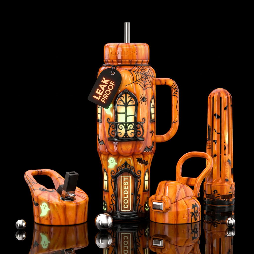 Pumpkin house, Halloween theme, glow in the dark, ... water bottle design
