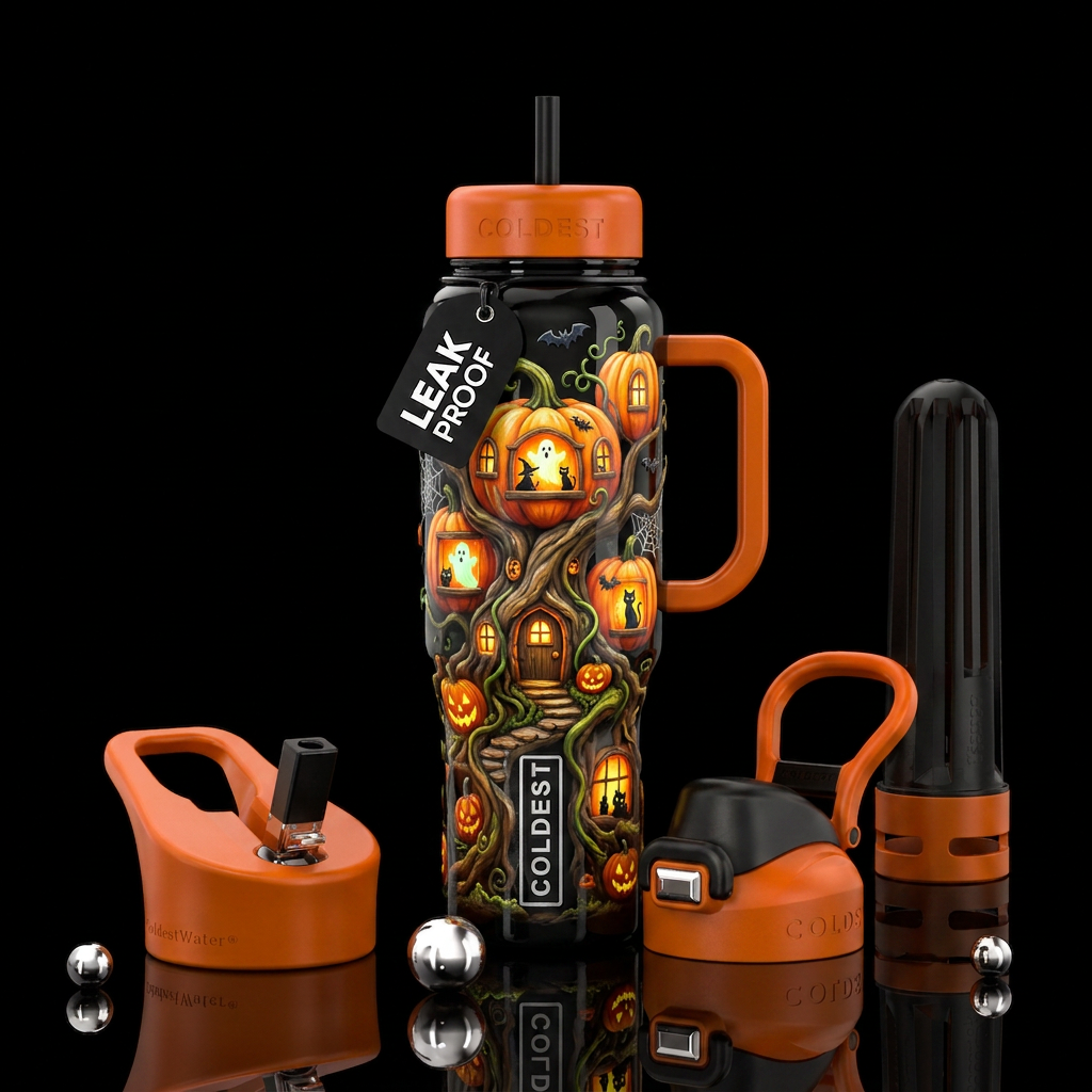 Pumpkin house, Halloween theme, glow in the dark, ... water bottle design