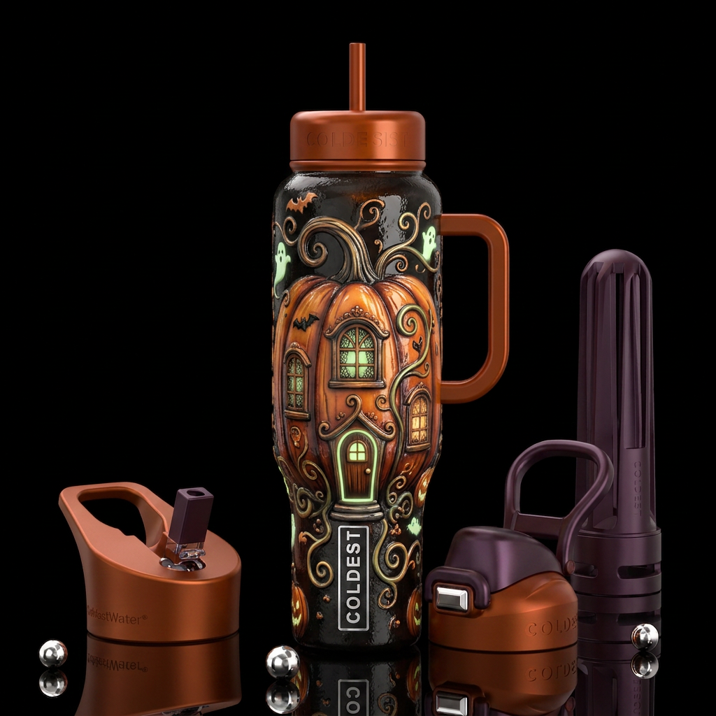 Pumpkin house, Halloween theme, glow in the dark, ... water bottle design