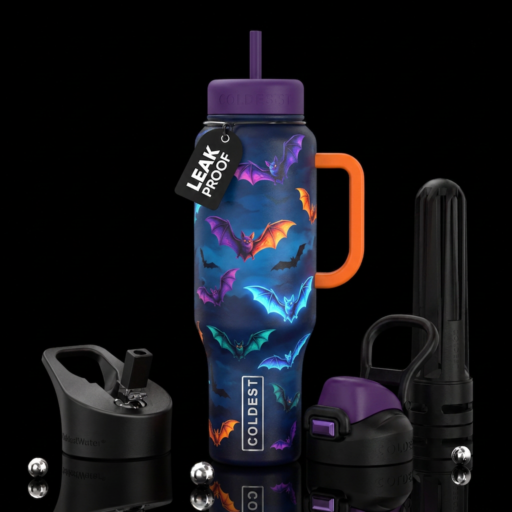 Bats in the sky, Halloween theme, glow in the dark... water bottle design