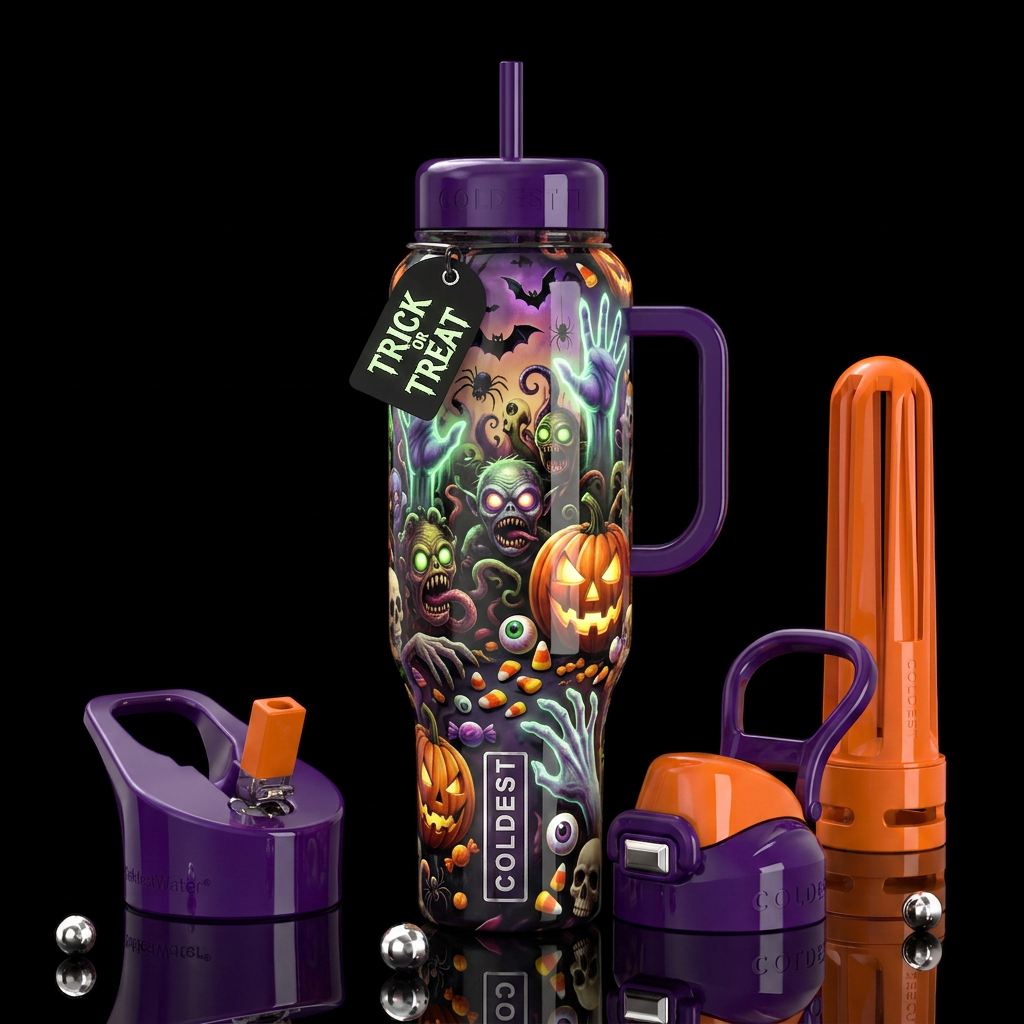 Crazy creepy Halloween trick or treat, glossy, tro... water bottle design
