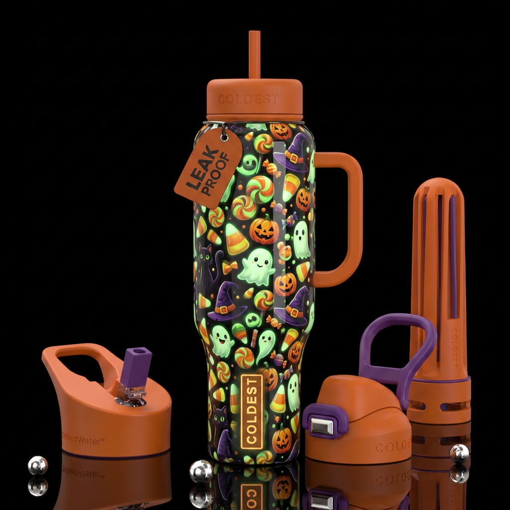 Crazy creepy Halloween trick or treat, glossy, tro... water bottle design