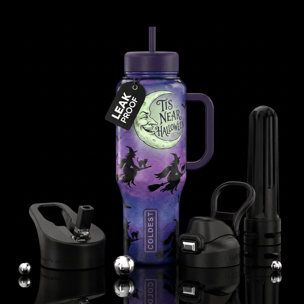 witches go riding, black cats are seen, the moon l... water bottle design