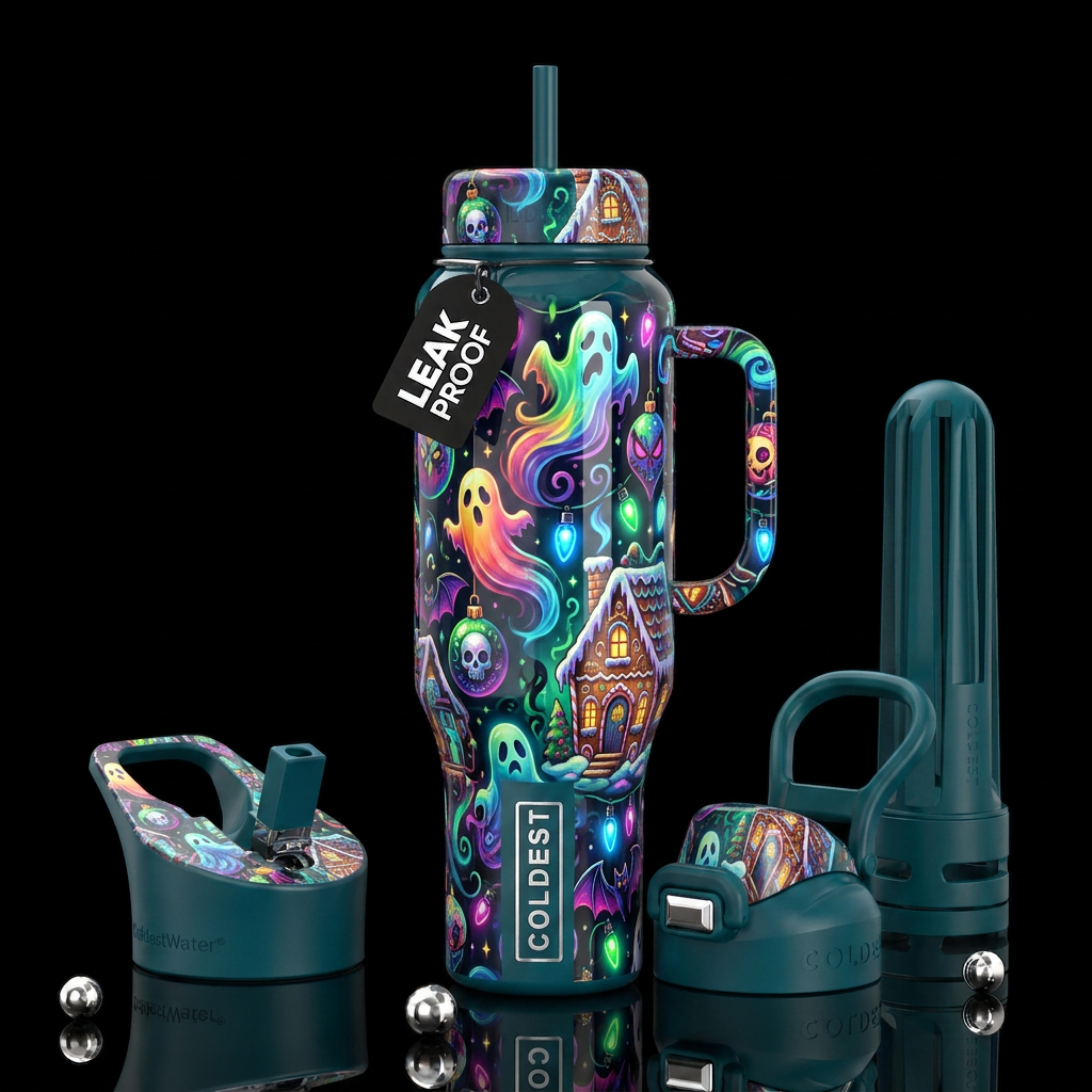 Mesmerizing haunted christmas themed, glossy, trom... water bottle design