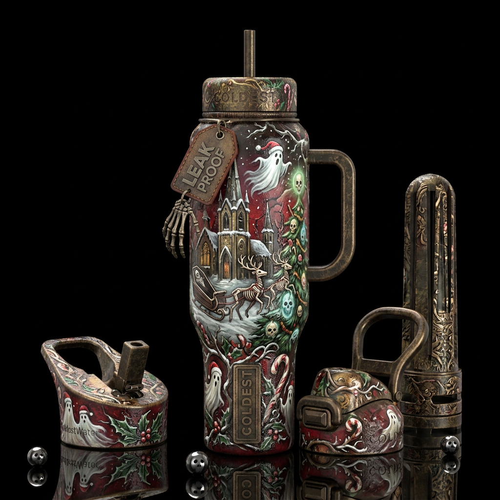 Mesmerizing haunted christmas themed, glossy, trom... water bottle design