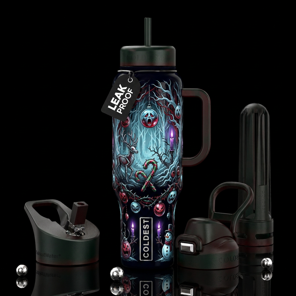 Mesmerizing haunted christmas themed, glossy, trom... water bottle design