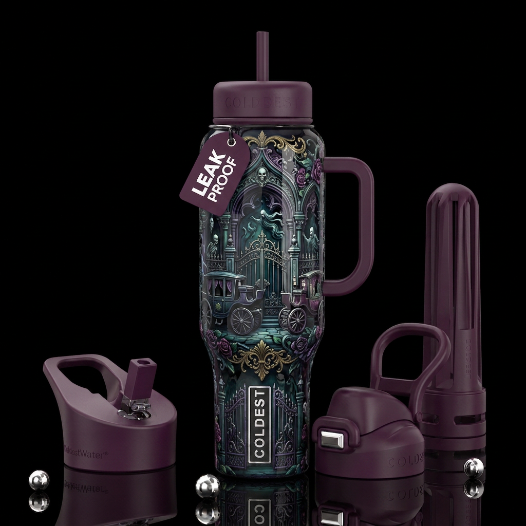 Haunted funeral home,glossy, trompe-l'œil, beautif... water bottle design