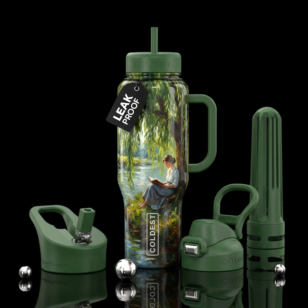 Oil Painting, reading book under weeping willow tr... water bottle design