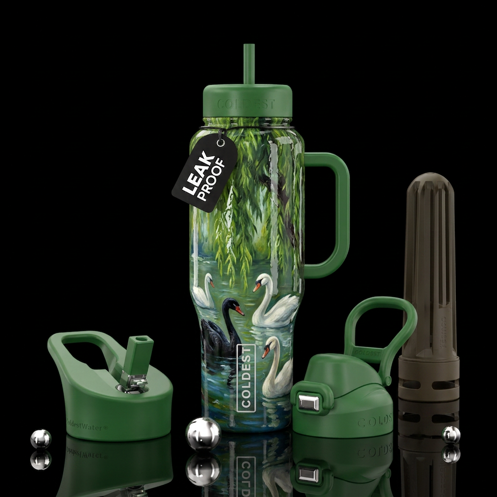 Oil Painting, swans under weeping willow tree,glos... water bottle design