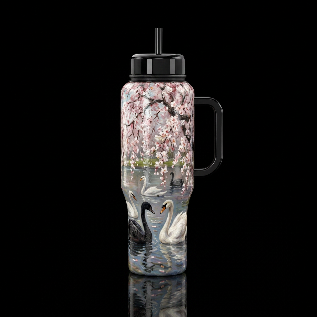 Oil Painting, swans under weeping cherry tree,glos... water bottle design