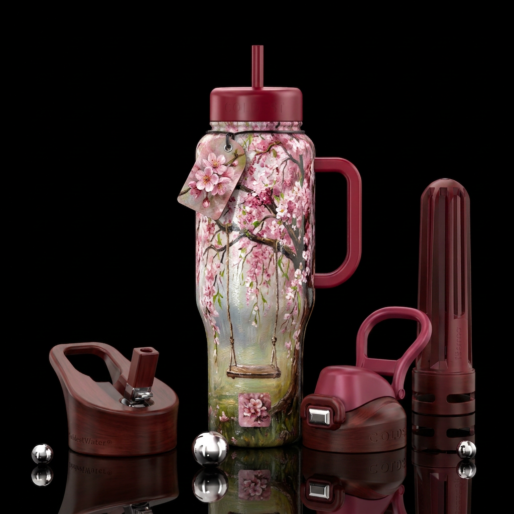 Oil Painting, swing hanging under weeping cherry t... water bottle design