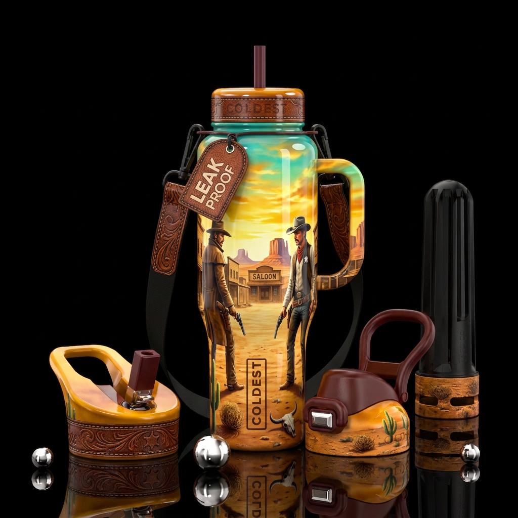 Western showdown, glossy, trompe-l'œil, beautifero... water bottle design