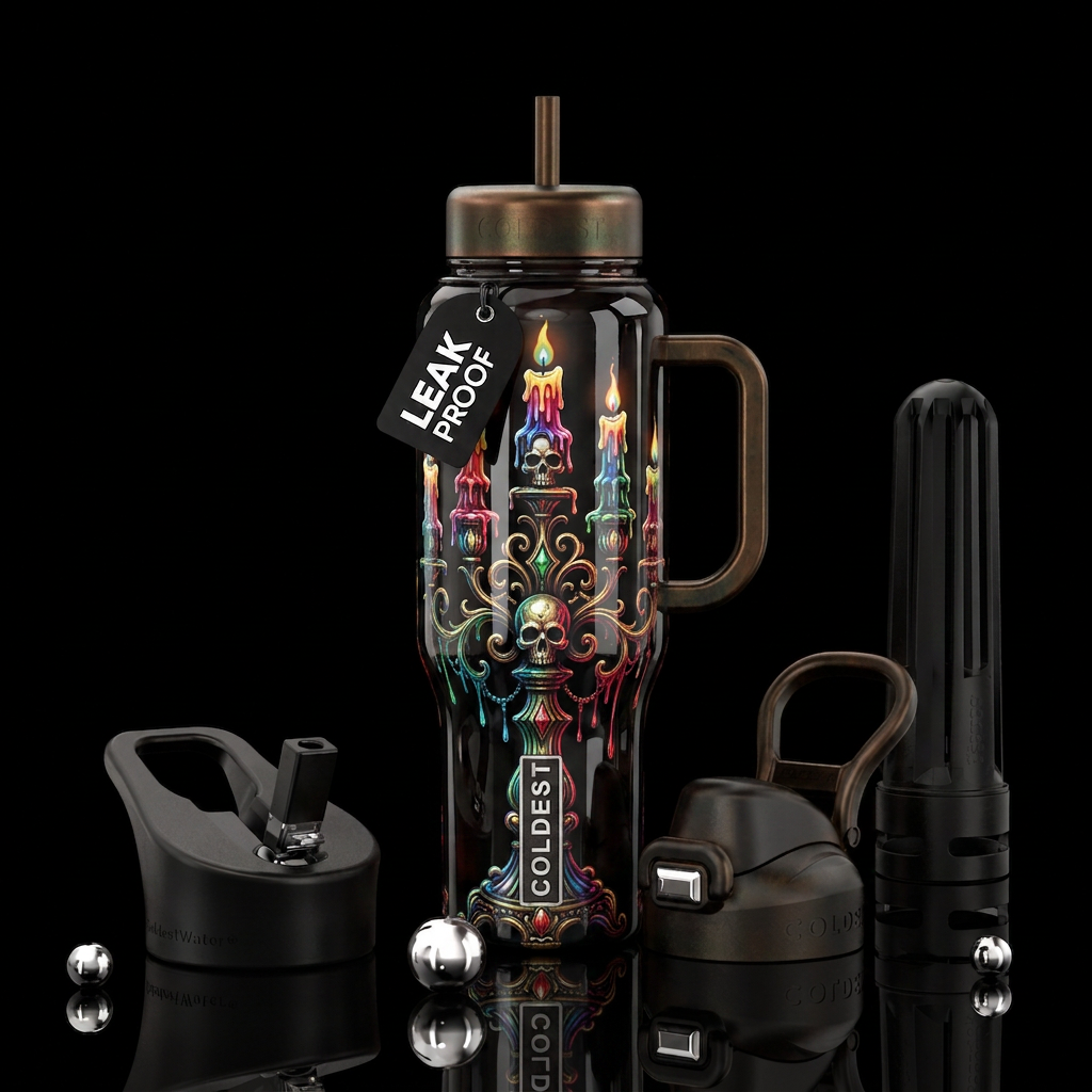 Creepy candelabra, glossy, trompe-l'œil, beautifer... water bottle design