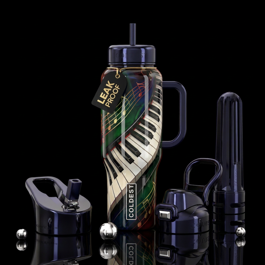 Piano, glossy, trompe-l'œil, beautiferous water bottle design