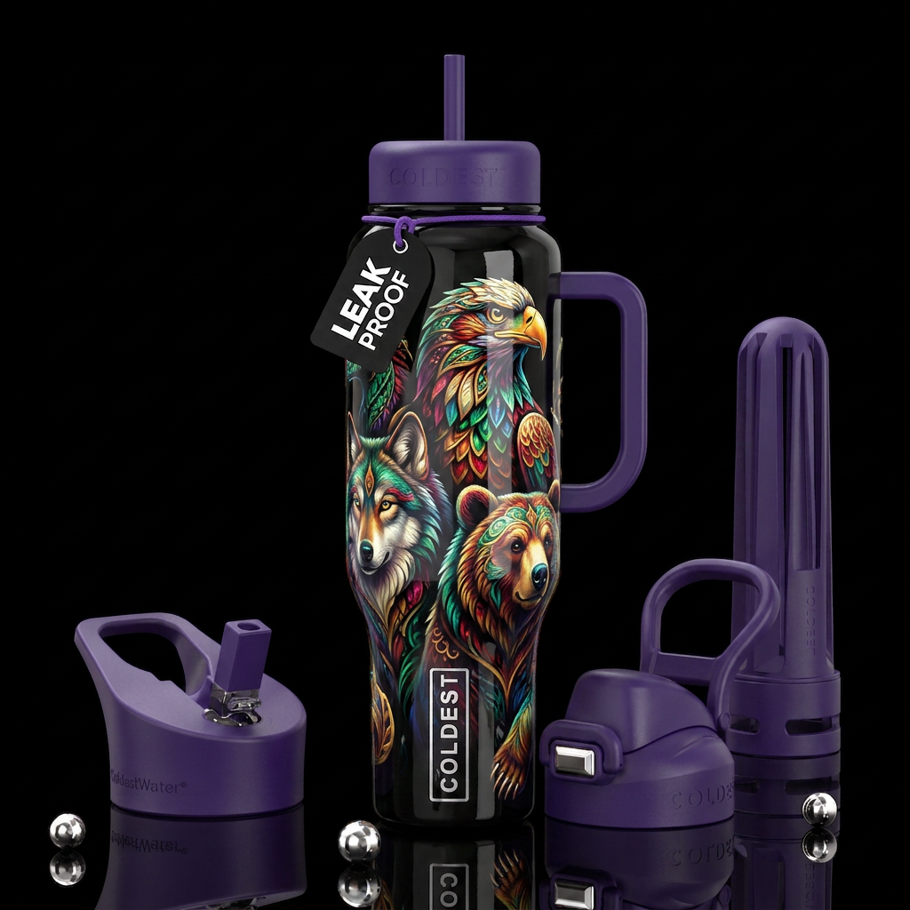 Spirit animals, glossy, trompe-l'œil, beautiferous water bottle design