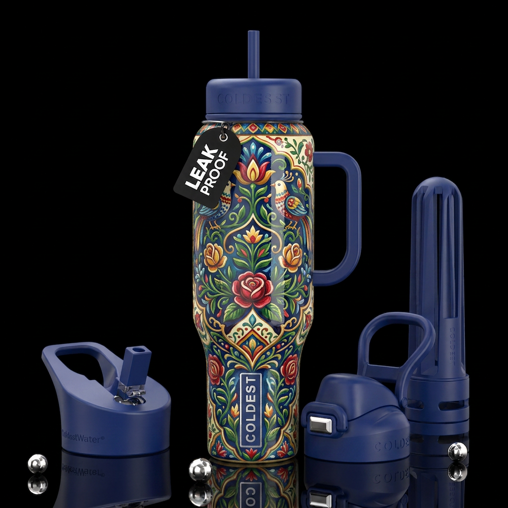 Folk art painting, glossy, trompe-l'œil, beautifer... water bottle design