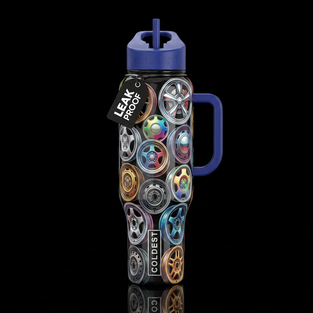 Wheels, glossy, trompe-l'œil, beautiferous water bottle design