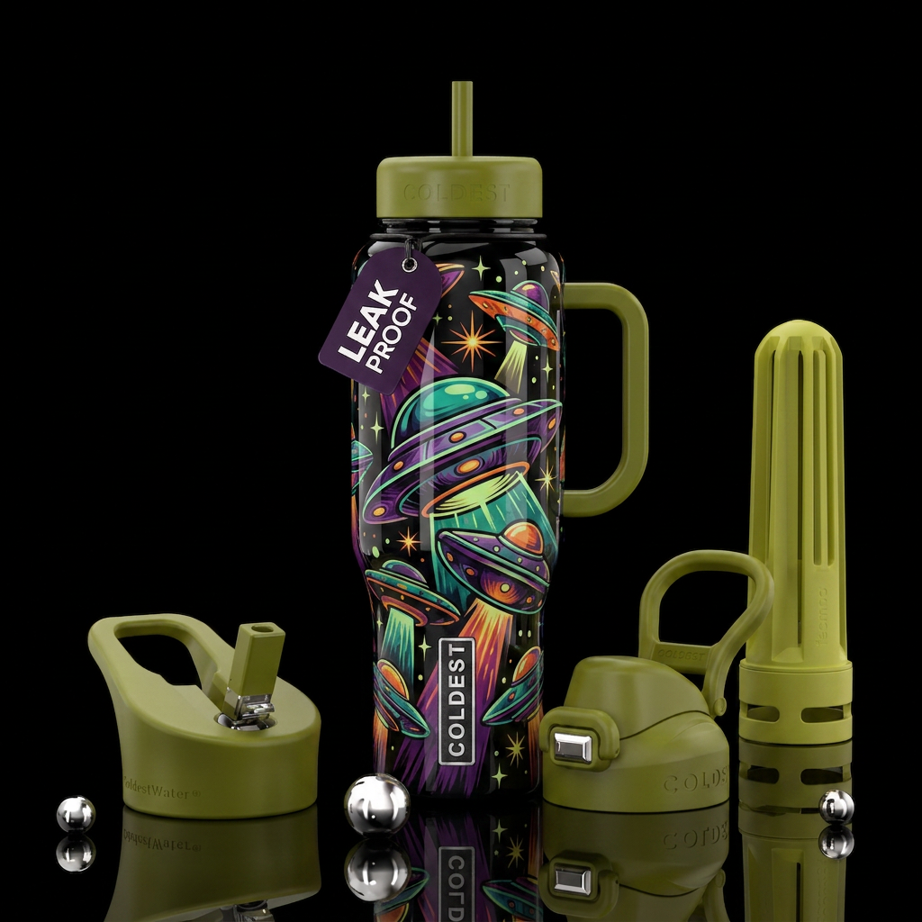70's ufo,glossy, trompe-l'œil, beautiferous, glow ... water bottle design
