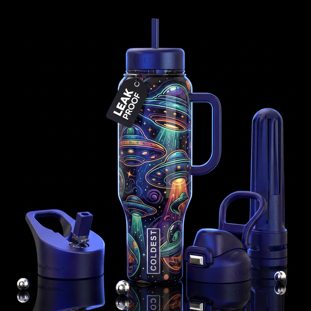 70's ufo,glossy, trompe-l'œil, beautiferous, glow ... water bottle design