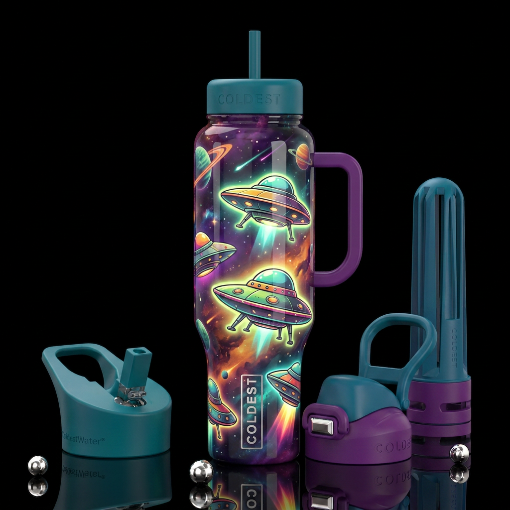 70's ufo,glossy, trompe-l'œil, beautiferous, glow ... water bottle design
